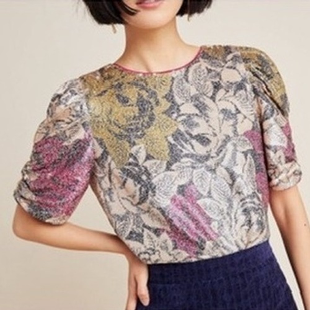 Anthropologie Marie Sequin Floral Ruched Puff‎ Sleeve Blouse Top Shimmer Holiday